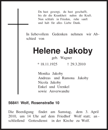 Traueranzeige von Helene Jakoby von TRIERISCHER VOLKSFREUND