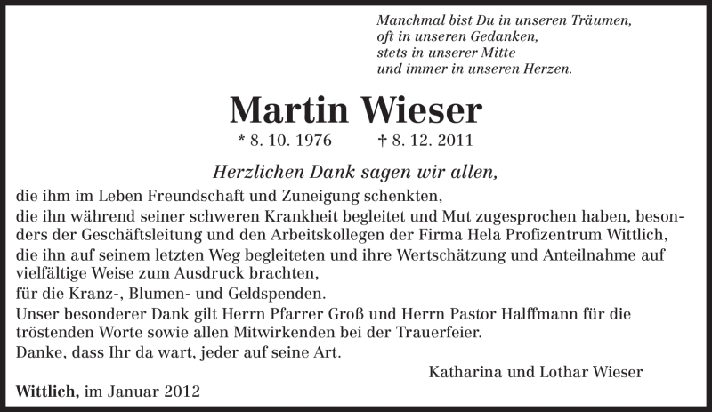  Traueranzeige für Martin Wieser vom 07.01.2012 aus TRIERISCHER VOLKSFREUND