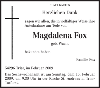 Traueranzeige von Magdalena Fox von TRIERISCHER VOLKSFREUND