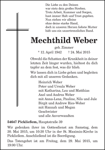 Traueranzeige von Mechthild Weber von trierischer_volksfreund