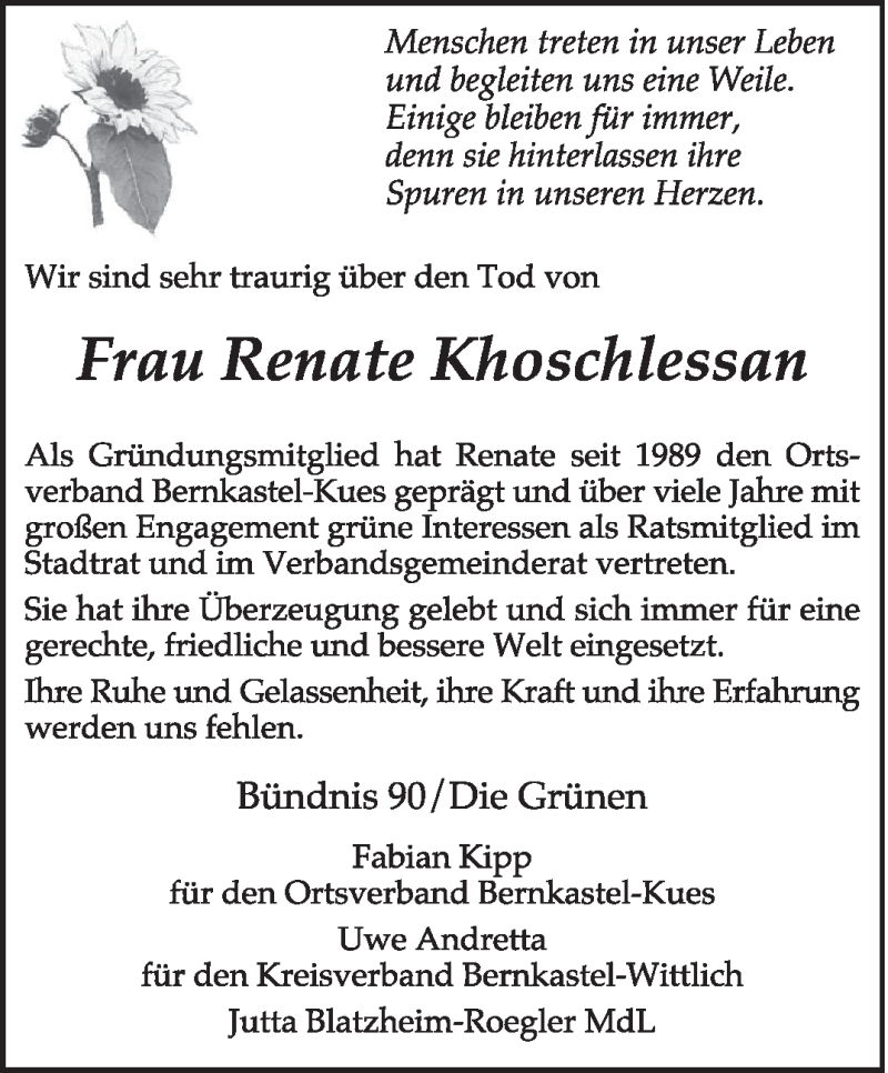  Traueranzeige für Renate Khoschlessan vom 12.07.2012 aus TRIERISCHER VOLKSFREUND