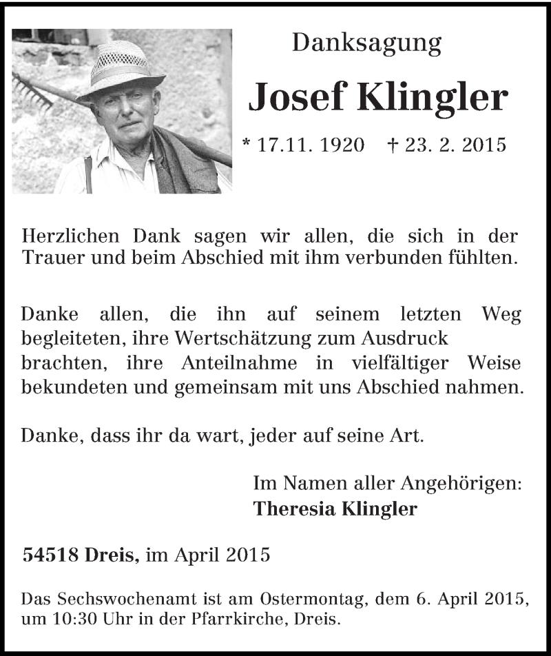  Traueranzeige für Josef Klingler vom 04.04.2015 aus trierischer_volksfreund