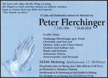 Traueranzeige von Peter Flerichinger von TRIERISCHER VOLKSFREUND