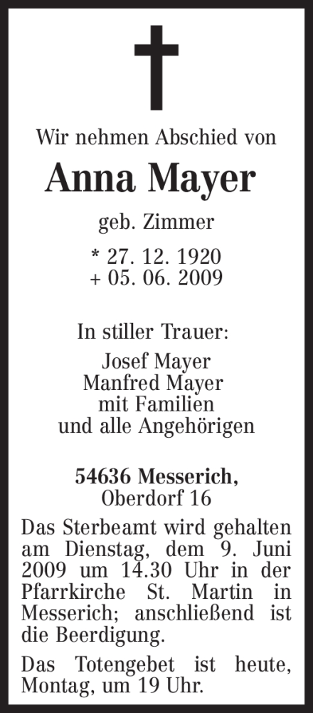  Traueranzeige für Anna Mayer vom 08.06.2009 aus TRIERISCHER VOLKSFREUND