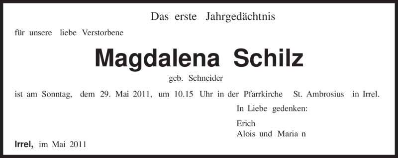  Traueranzeige für Magdalena Schilz vom 21.05.2011 aus TRIERISCHER VOLKSFREUND