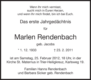 Traueranzeige von Marlen Rendenbach von TRIERISCHER VOLKSFREUND
