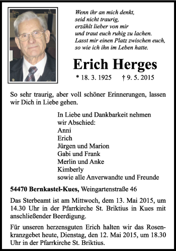 Traueranzeige von Erich Herges von trierischer_volksfreund