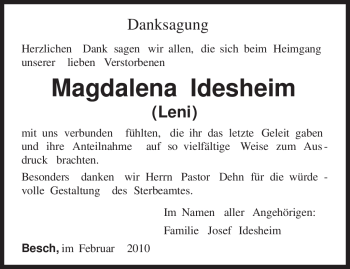 Traueranzeige von Magdalena Idesheim von TRIERISCHER VOLKSFREUND