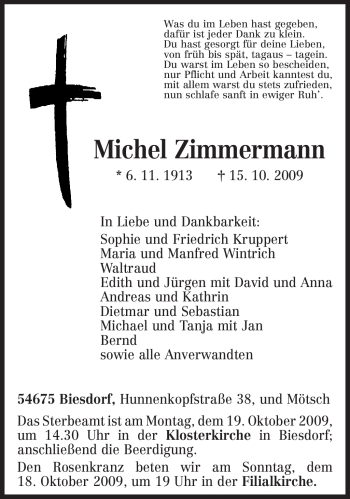 Traueranzeige von Michel Zimmermann von TRIERISCHER VOLKSFREUND