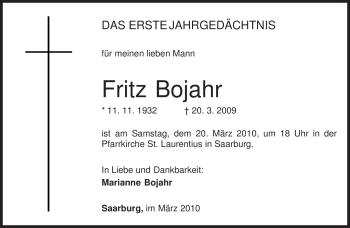 Traueranzeige von Fritz Bojahr von TRIERISCHER VOLKSFREUND