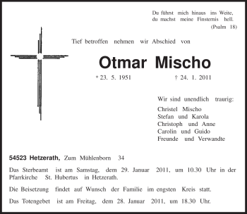 Traueranzeige von Otmar Mischo von TRIERISCHER VOLKSFREUND