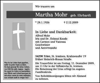 Traueranzeige von Martha Mohr von TRIERISCHER VOLKSFREUND