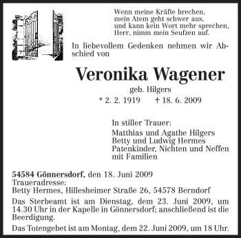 Traueranzeige von Veronika Wagener von TRIERISCHER VOLKSFREUND