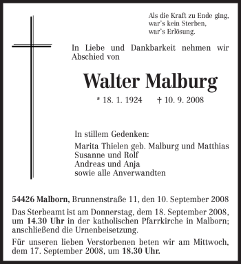 Traueranzeige von Walter Malburg von TRIERISCHER VOLKSFREUND