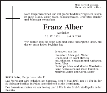 Traueranzeige von Franz Alber von TRIERISCHER VOLKSFREUND