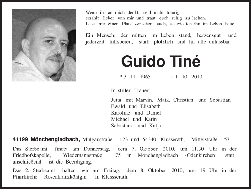  Traueranzeige für Guido Tiné vom 06.10.2010 aus TRIERISCHER VOLKSFREUND