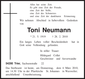 Traueranzeige von Toni Neumann von TRIERISCHER VOLKSFREUND