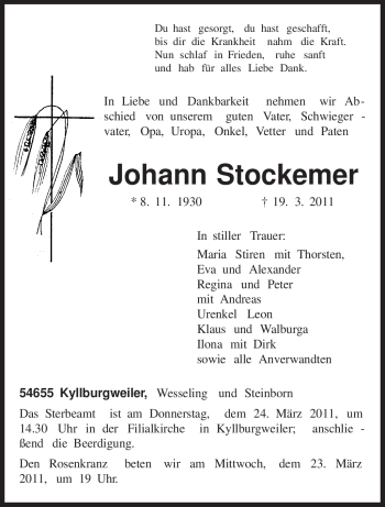 Traueranzeige von Johann Stockemer von TRIERISCHER VOLKSFREUND