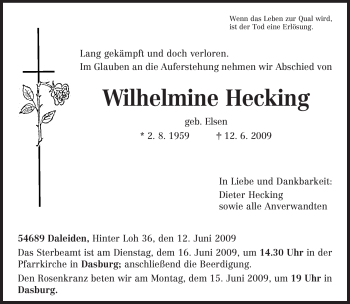 Traueranzeige von Wilhelmine Hecking von TRIERISCHER VOLKSFREUND