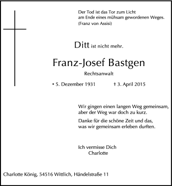 Traueranzeige von Franz-Josef Bastgen von trierischer_volksfreund