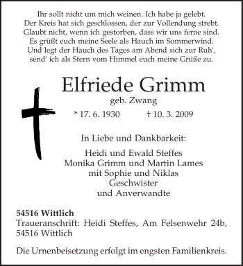 Traueranzeige von Elfriede Grimm von TRIERISCHER VOLKSFREUND