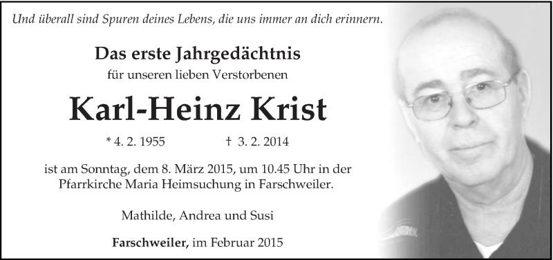  Traueranzeige für Karl-Heinz Krist vom 07.02.2015 aus trierischer_volksfreund