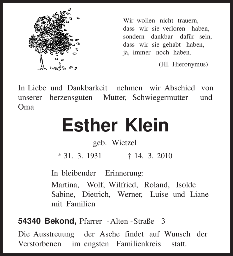  Traueranzeige für Esther Klein vom 17.03.2010 aus TRIERISCHER VOLKSFREUND