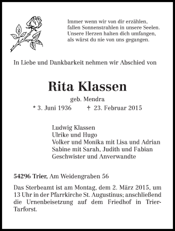 Traueranzeige von Rita Klassen von trierischer_volksfreund