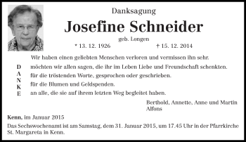 Traueranzeige von Josefine Schneider von trierischer_volksfreund