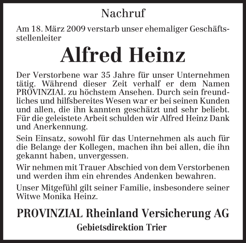  Traueranzeige für Alfred Heinz vom 21.03.2009 aus TRIERISCHER VOLKSFREUND