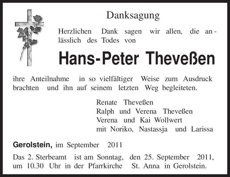 Traueranzeige für Hans-Peter Theveßen vom 16.09.2011 aus TRIERISCHER VOLKSFREUND