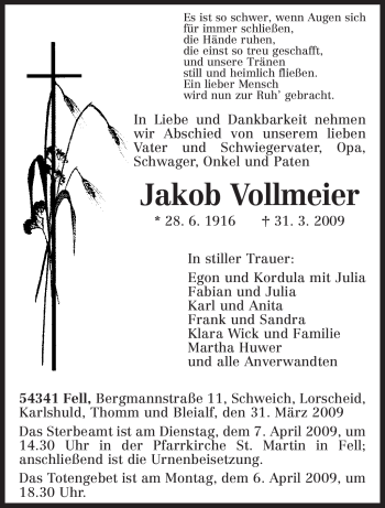 Traueranzeige von Jakob Vollmeier von TRIERISCHER VOLKSFREUND