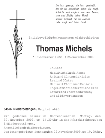 Traueranzeige von Thomas Michels von TRIERISCHER VOLKSFREUND