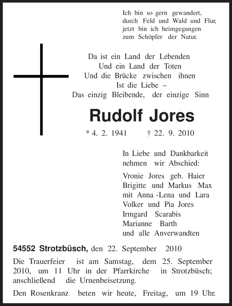 Traueranzeigen von Rudolf Jores | Volksfreund.Trauer.de