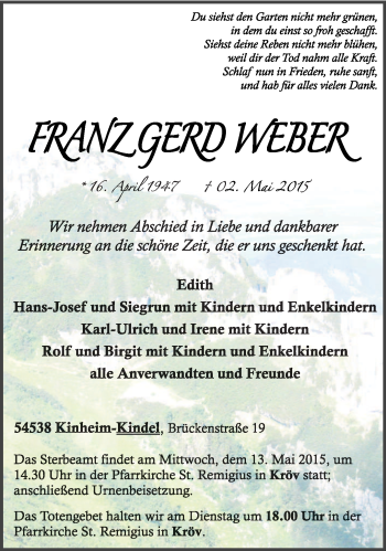 Traueranzeige von Franzgerd Weber von trierischer_volksfreund