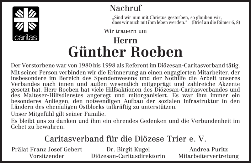  Traueranzeige für Günther Roeben vom 22.09.2009 aus TRIERISCHER VOLKSFREUND