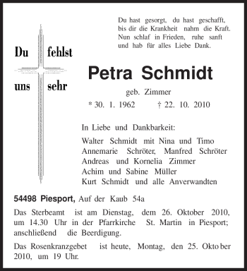 Traueranzeige von Petra Schmidt von TRIERISCHER VOLKSFREUND