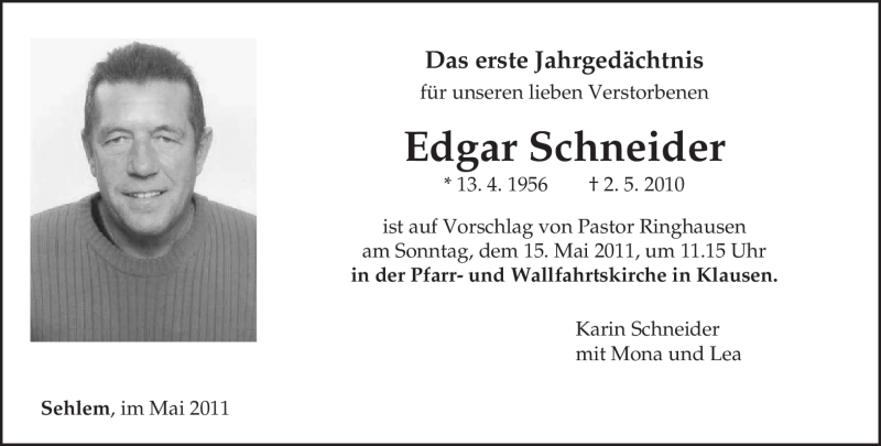  Traueranzeige für Edgar Schneider vom 11.05.2011 aus TRIERISCHER VOLKSFREUND