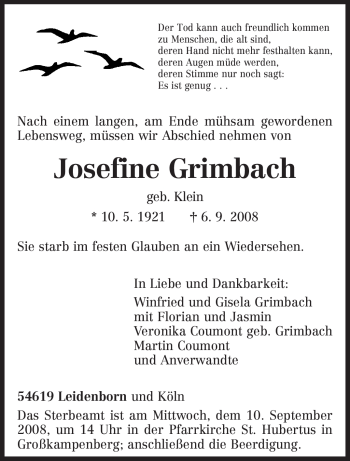 Traueranzeige von Josefine Grimbach von TRIERISCHER VOLKSFREUND