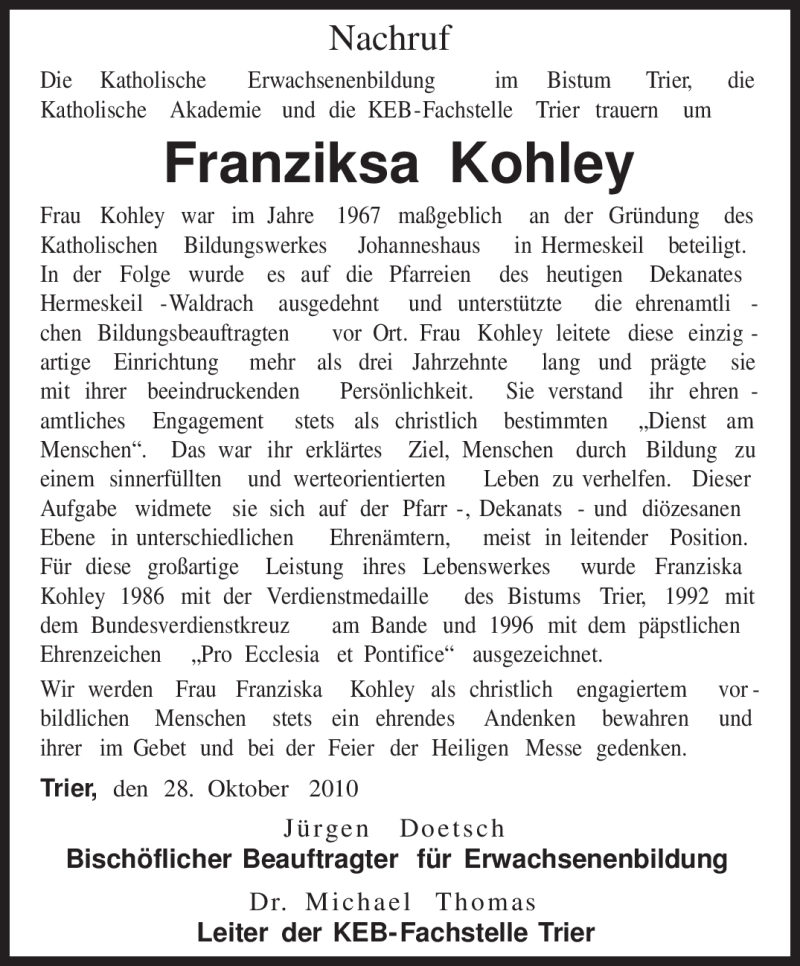  Traueranzeige für Franziksa Kohley vom 29.10.2010 aus TRIERISCHER VOLKSFREUND