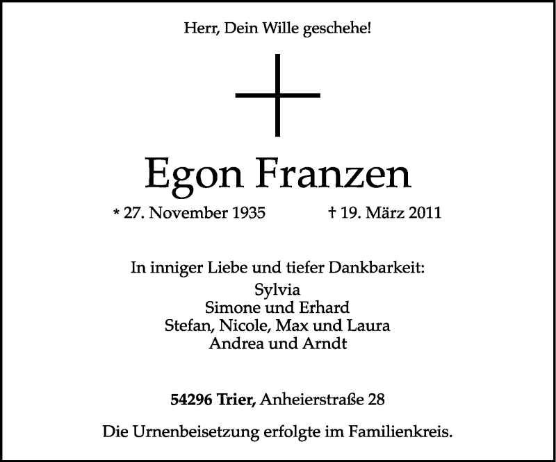  Traueranzeige für Egon Franzen vom 26.03.2011 aus TRIERISCHER VOLKSFREUND