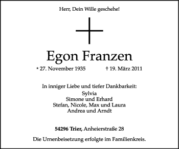 Traueranzeige von Egon Franzen von TRIERISCHER VOLKSFREUND