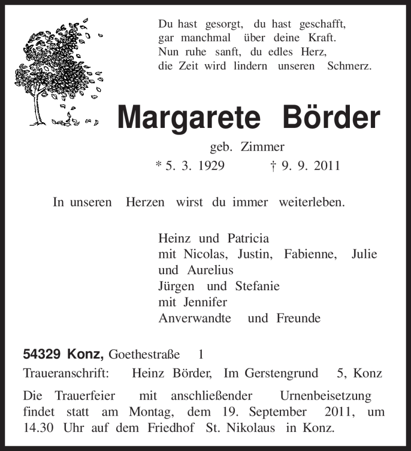 Traueranzeige für Margarete Börder vom 14.09.2011 aus TRIERISCHER VOLKSFREUND