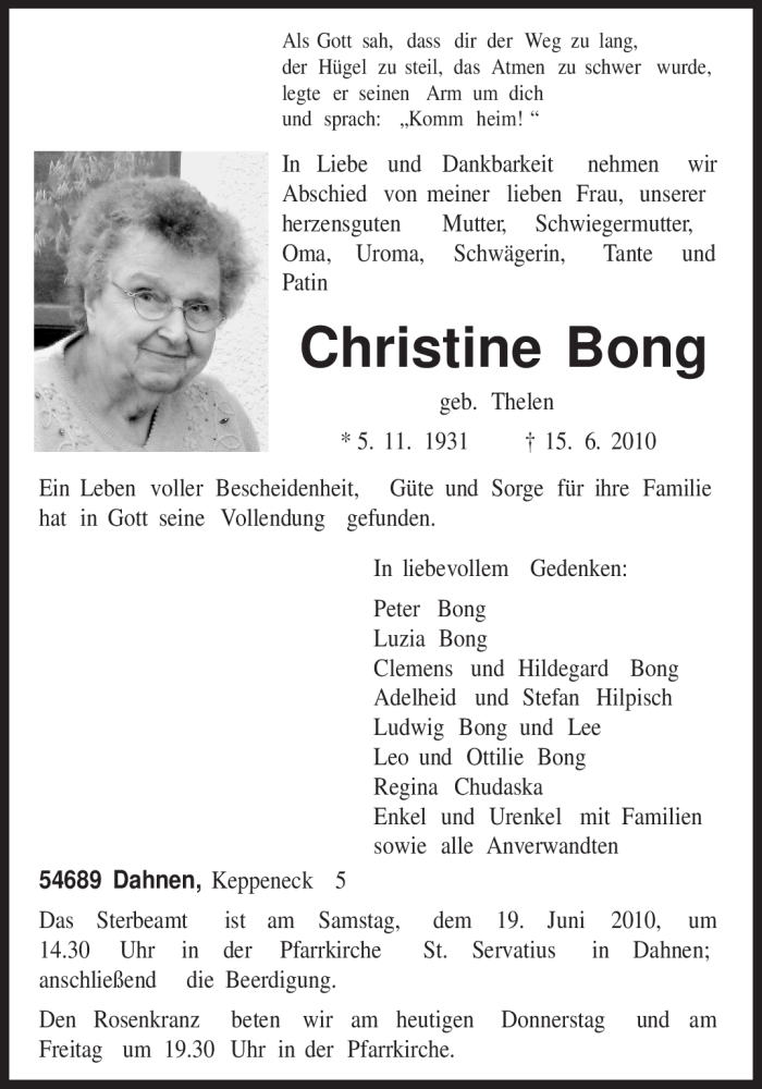  Traueranzeige für Christine Bong vom 17.06.2010 aus TRIERISCHER VOLKSFREUND