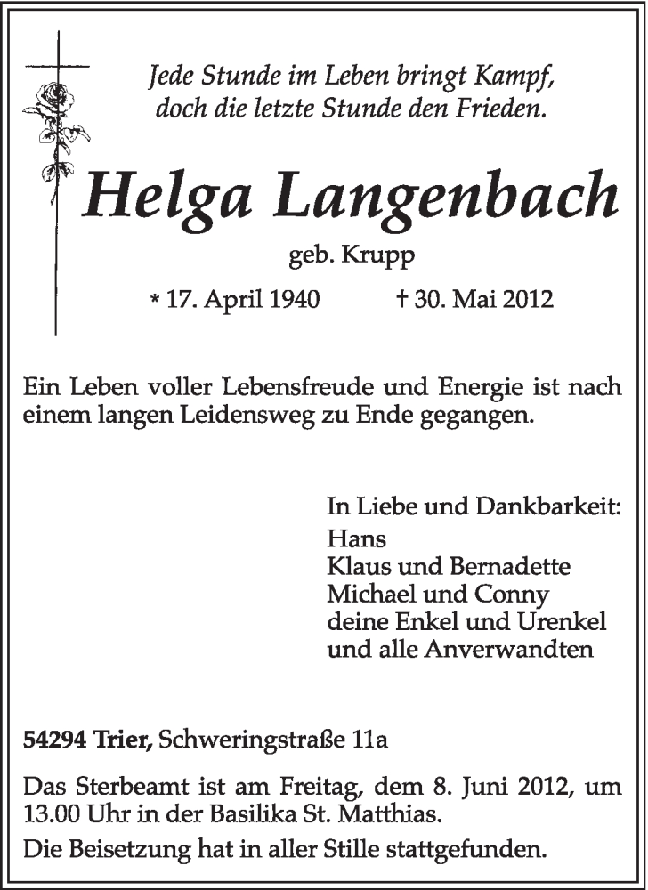  Traueranzeige für Helga Langenbach vom 04.06.2012 aus TRIERISCHER VOLKSFREUND