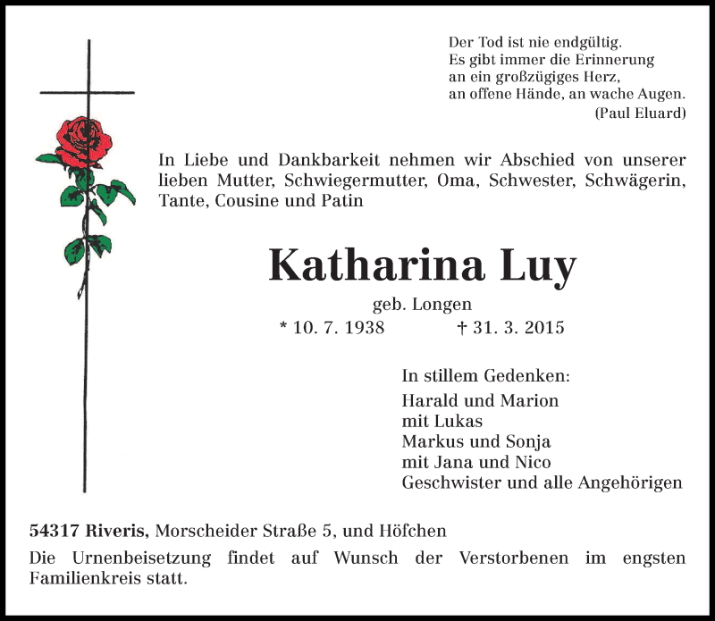  Traueranzeige für Katharina Luy vom 04.04.2015 aus trierischer_volksfreund