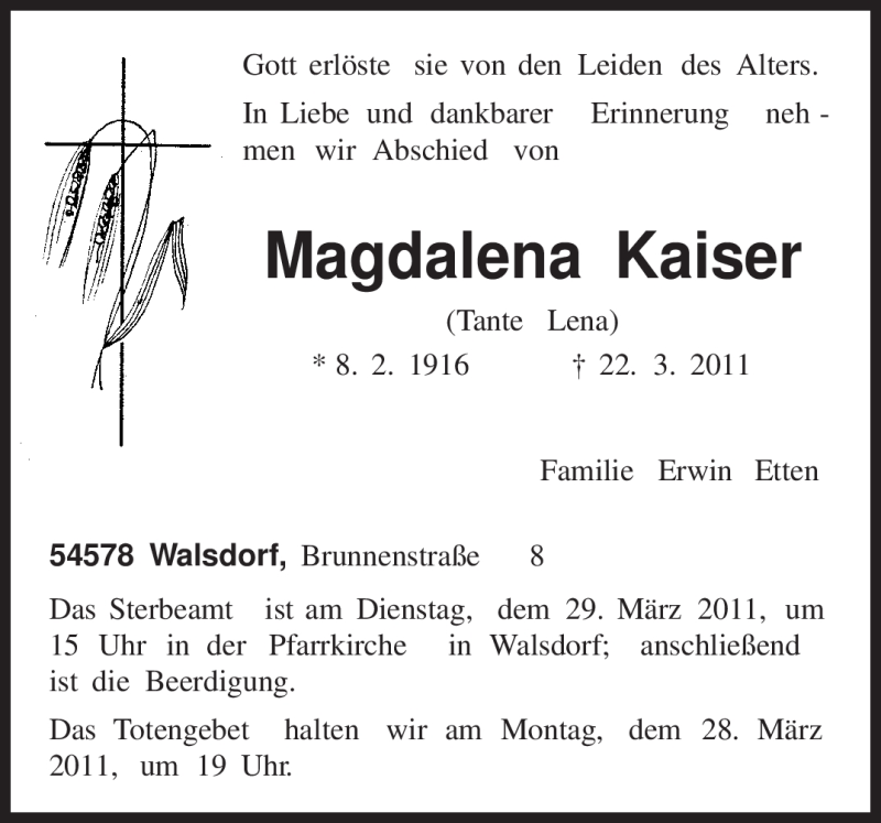  Traueranzeige für Magdalena Kaiser vom 25.03.2011 aus TRIERISCHER VOLKSFREUND