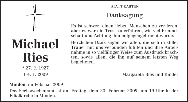  Traueranzeige für Michael Ries vom 18.02.2009 aus TRIERISCHER VOLKSFREUND