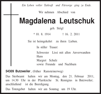 Traueranzeige von Magdalena Leutschuk von TRIERISCHER VOLKSFREUND