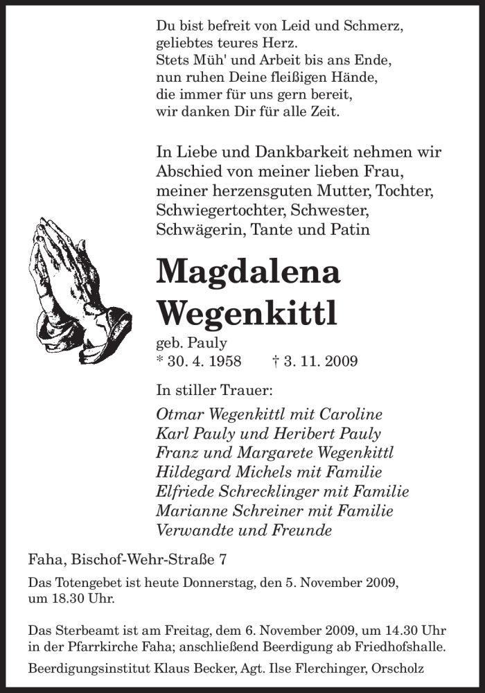  Traueranzeige für Magdalena Wegenkittl vom 05.11.2009 aus TRIERISCHER VOLKSFREUND